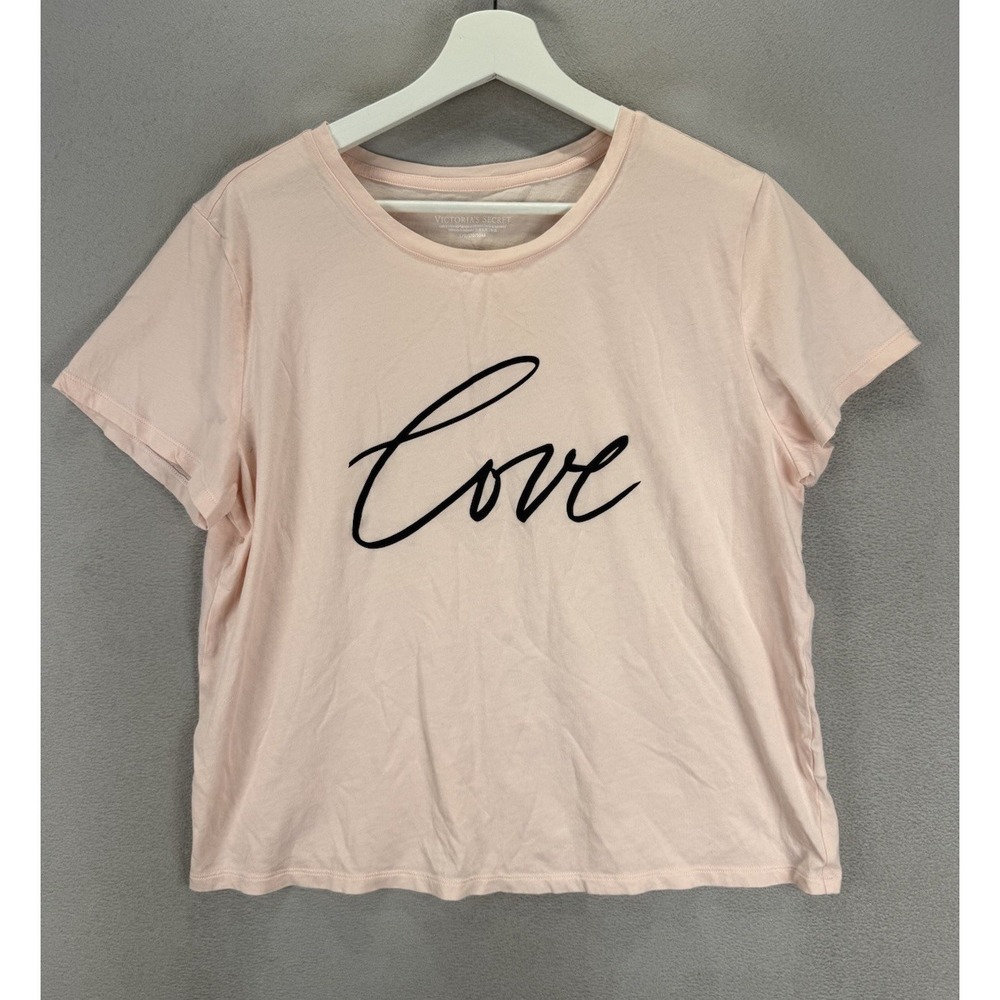 Victoria's Secret Pink Women's Sz L "Love" Graphic Cropped Coral Pink T-shirt‎